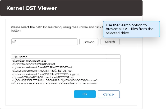 Use the Search option to browse all OST files from the selected drive.