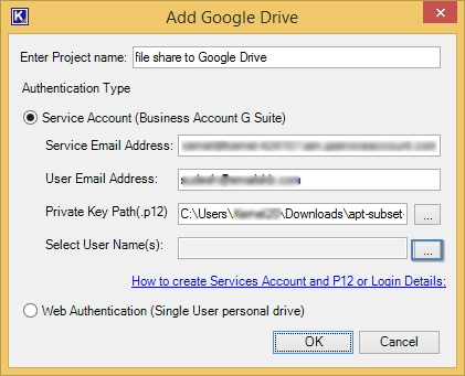 select Service Authentication, enter the details Google Suite Service