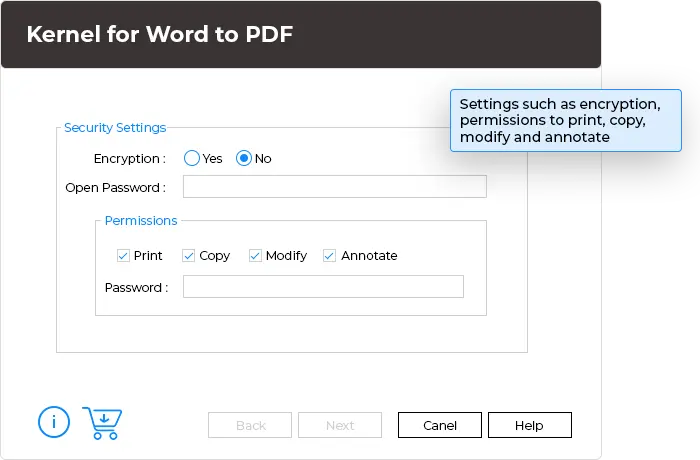 In this step, as the tool offers various security settings such as encryption, permissions to print, copy, modify and annotate, and you apply password to ensure PDF file security.