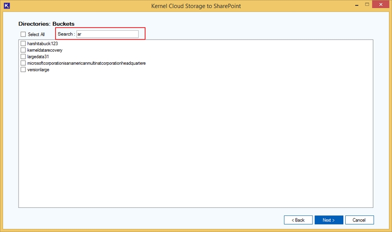 Search box to locate specific buckets