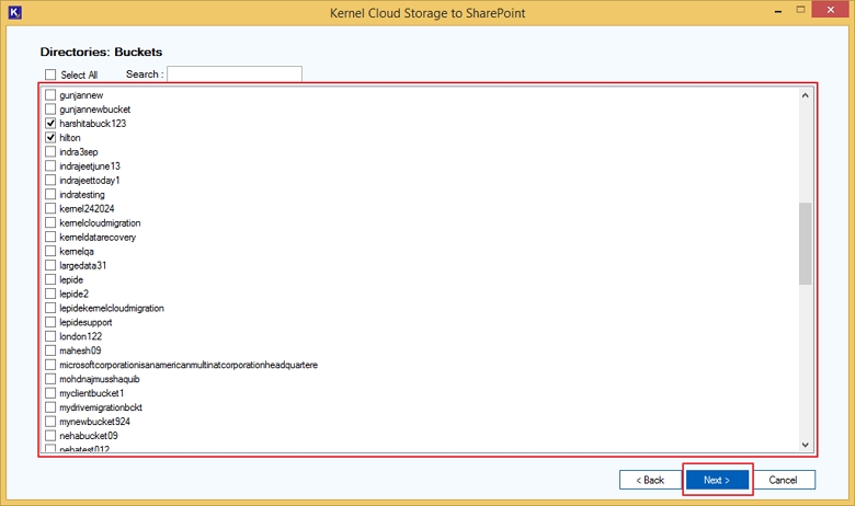 Select desired AWS S3 buckets from the list