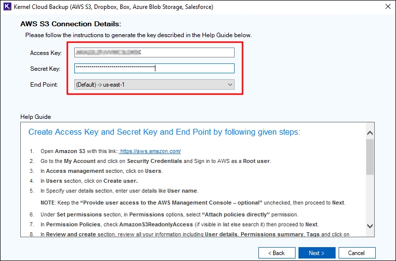 Enter AWS S3 connection details