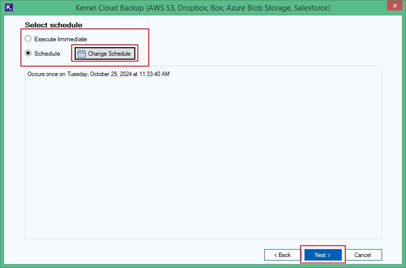 Select Execute Immediate or Schedule option to run backup process