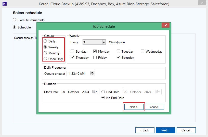 Select option from Job Schedule