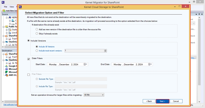 Select Migration Option and Filter