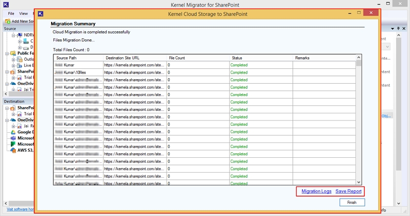 Save Report to download detailed migration