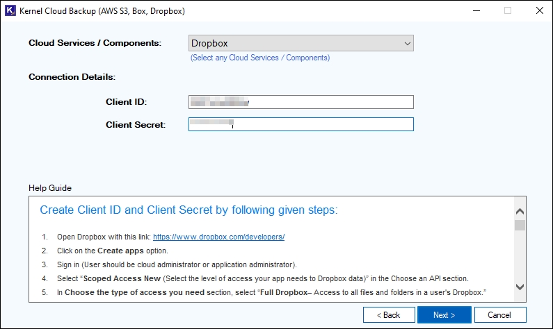 Select Dropbox from Cloud Services/Components, then enter Client ID and Client Secret