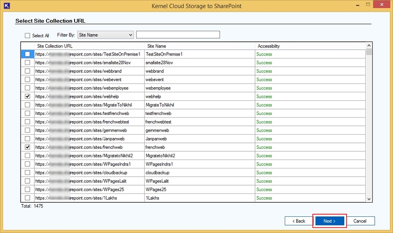 Select the destination SharePoint site