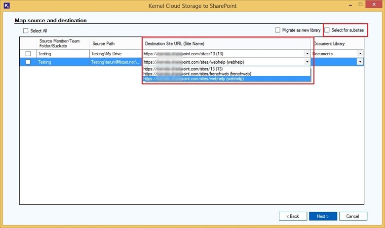 Select Destination Site URL (Site Name) to migrate