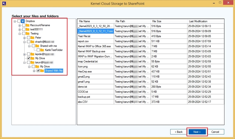 Select sub folders and files