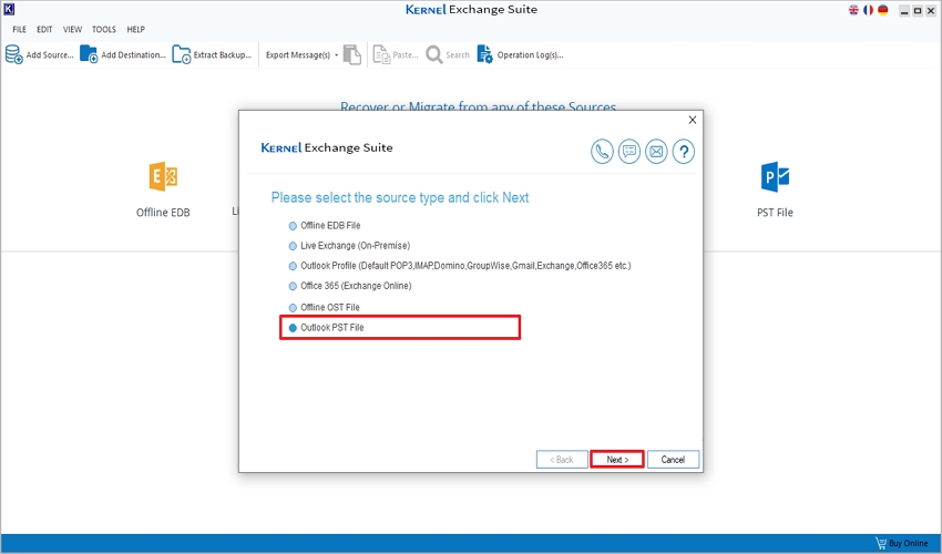 choose the Outlook PST file as the source type