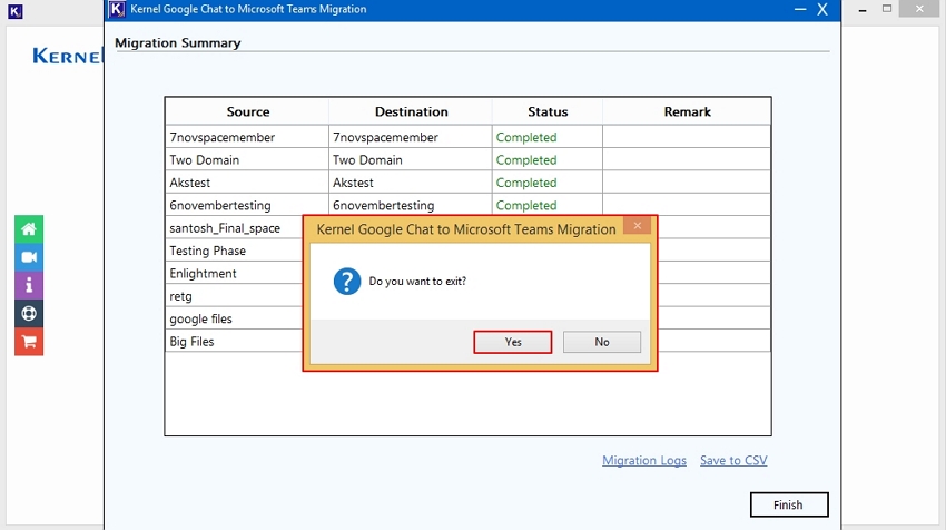 click Yes to finish the migration report