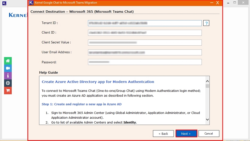 Enter credentials to connect destination