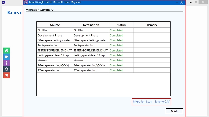 Click Migration Logs to view the report, or Save to CSV to detailed summary