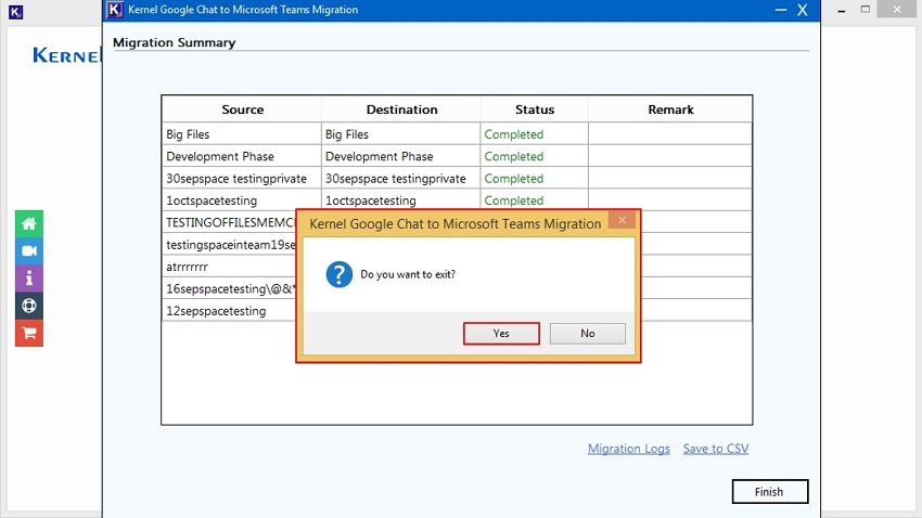 Clicking Yes to finish the migration report