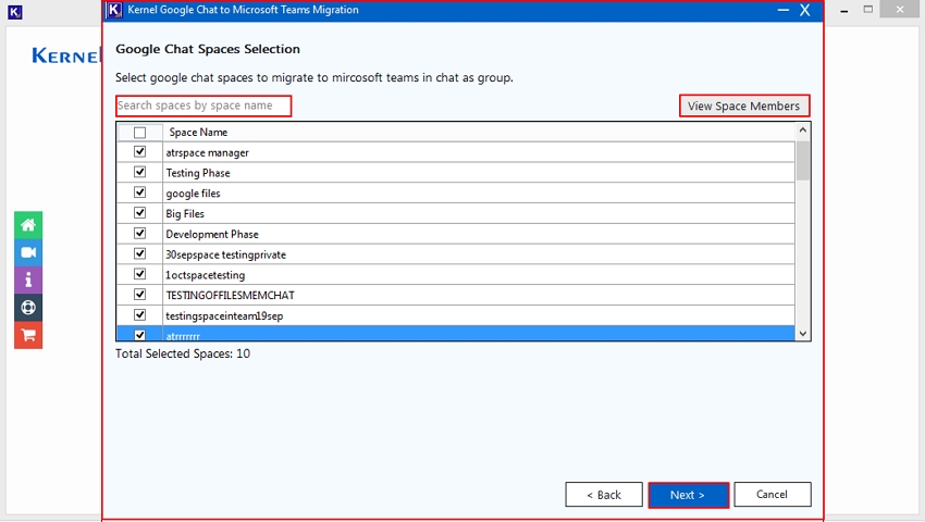 select specific Chat Spaces and click Next