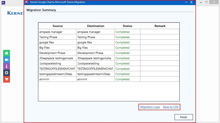 Click Migration Logs to view the report, or Save to CSV to a detailed summary.