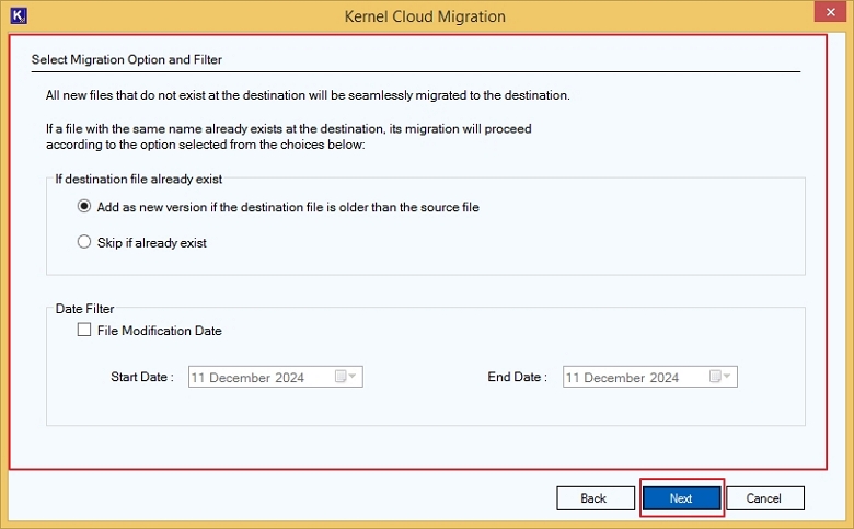 Select the desired migration options