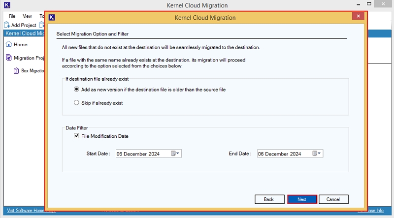 Select Migration Option and Filter