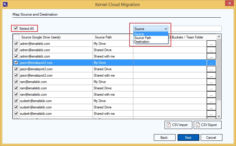 Select All users in Source Google Drive