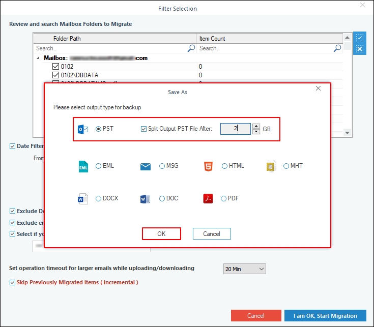 Select PST file and check Split Output PST File After