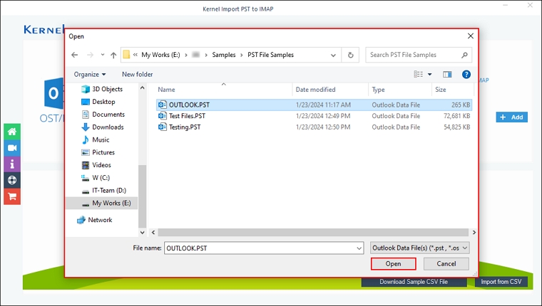 Select the PST file you want to import into IMAP accounts and click Open.