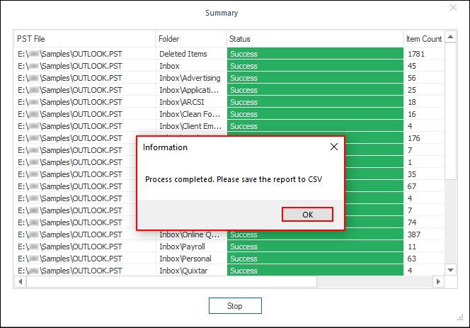 Process completed. Please save the report to CSV”