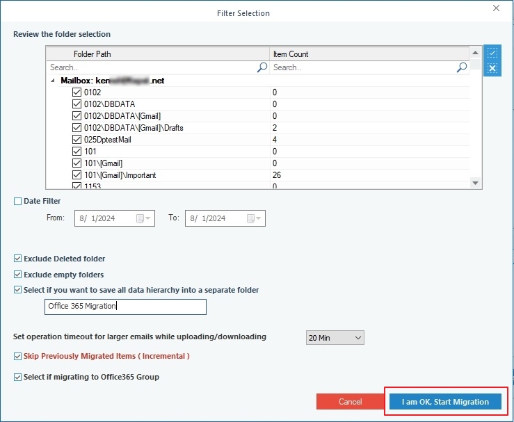 Apply filters and click I am OK, Start Migration