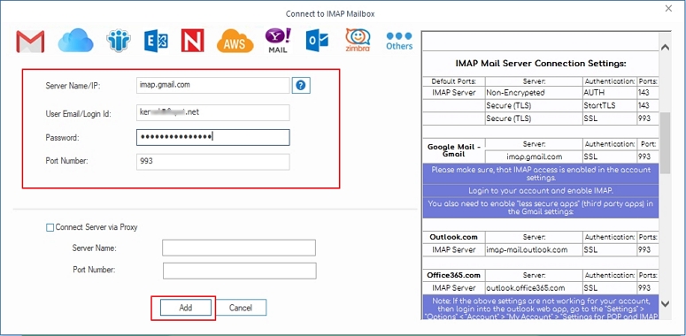 Enter IMAP server details to connect