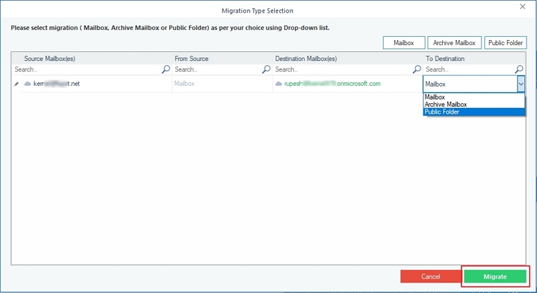 Select Mailbox then click on Migrate button
