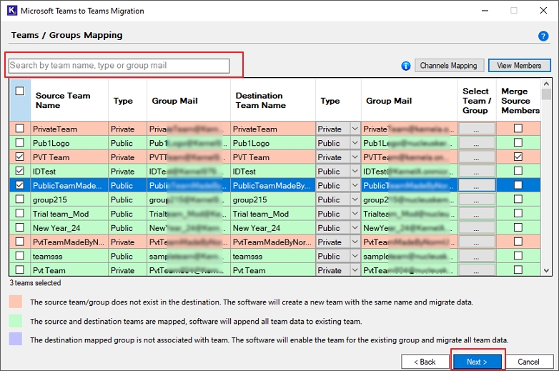 Select users to migrate to Teams at the destination