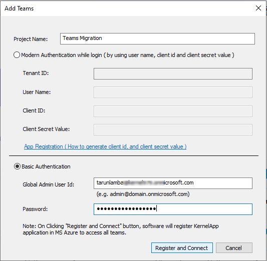 Enter a Global Admin User Id and its password