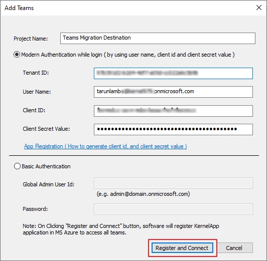 Select Modern Authentication and enter credentials