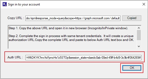 Paste the URL copied in previous step to Auth URL box