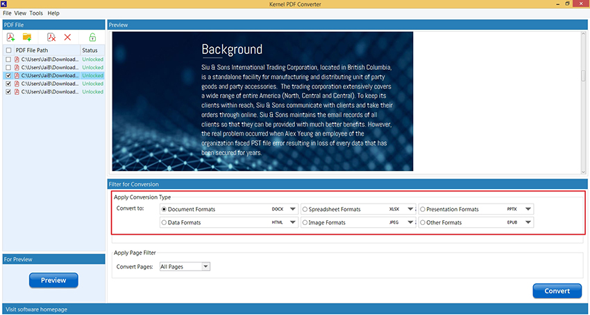 Apply filter and select output format