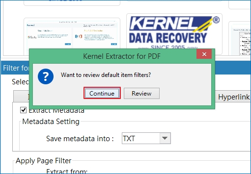 select Continue if do not want to make any changes, otherwise selected format type, click on Review and then Extract