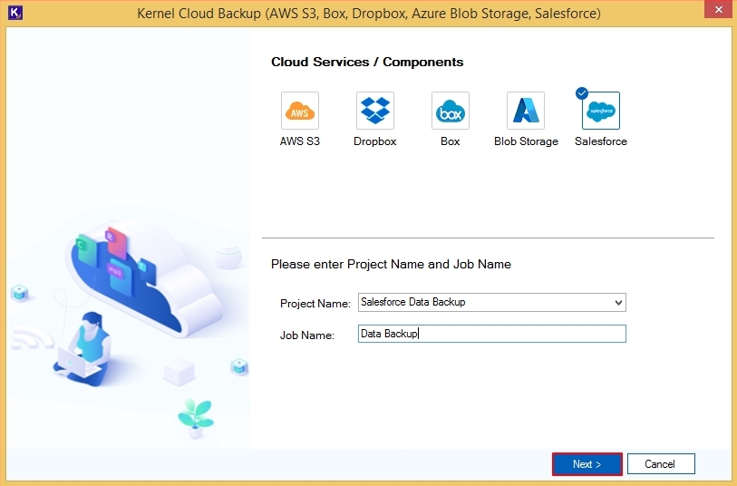 Enter preferred job name and create a Salesforce backup job