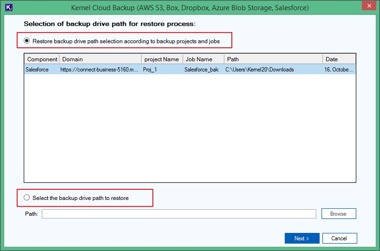 Select Restore backup drive path selection option