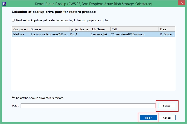 Select the backup drive path to restore option