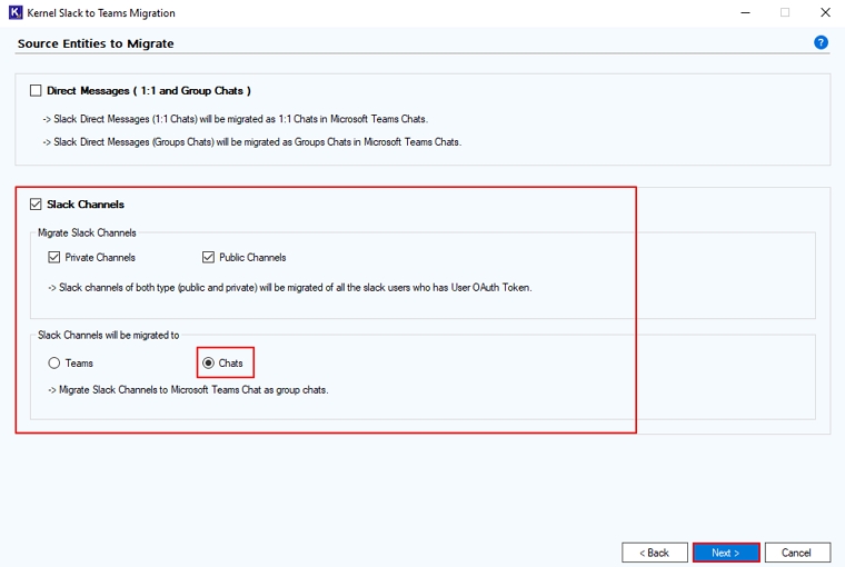 select Chats in Slack Channels will be migrated