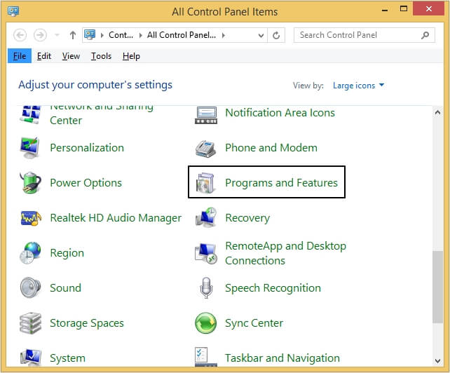 Control Panel and Programs and Features