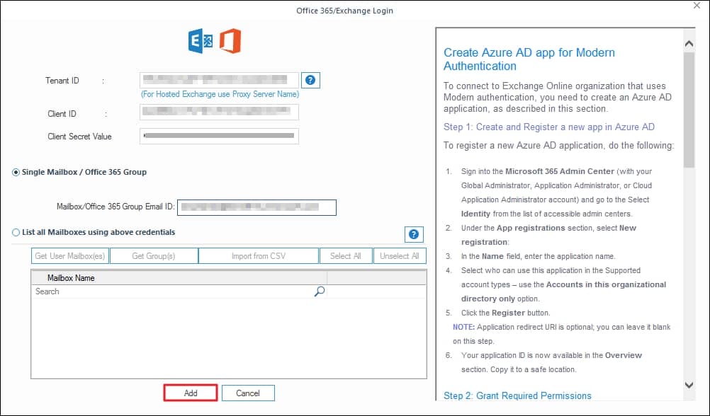 add Office 365 account details