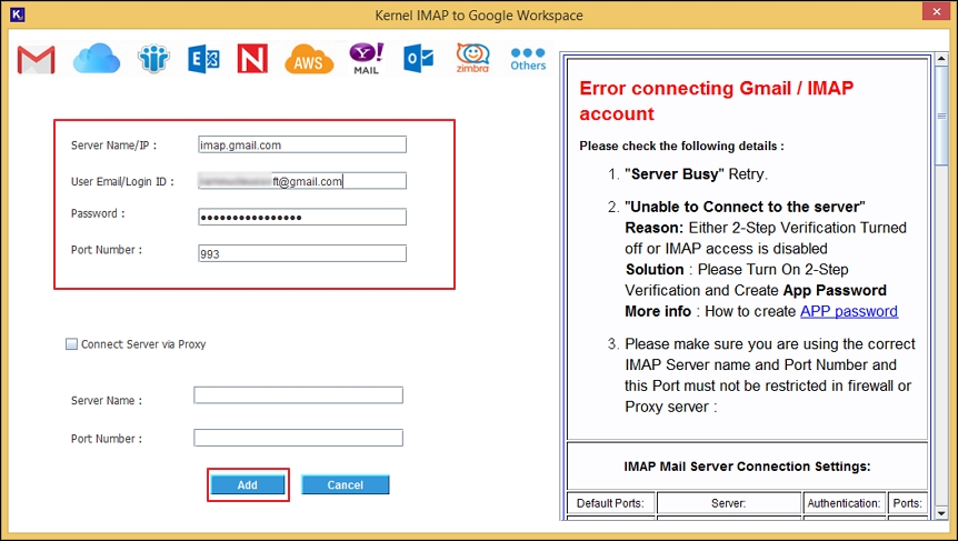 Enter the IMAP Server credentials