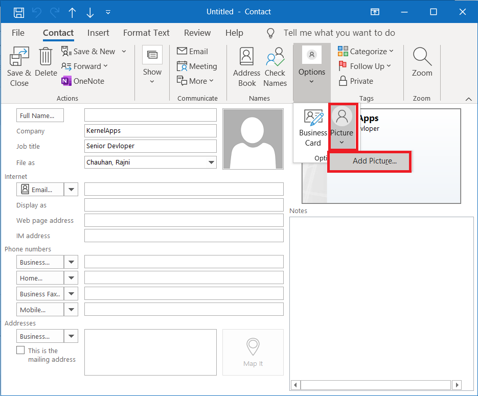 How To Create A Business Card In Microsoft Outlook 