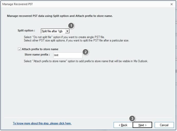 manage your PST file by using the Split option or adding the prefix name