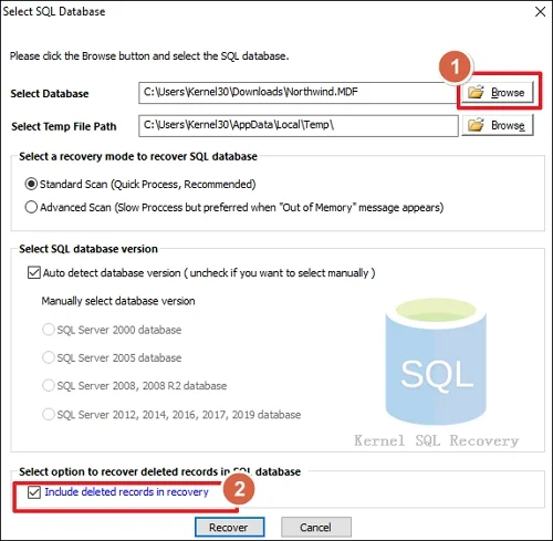 Click Browse to add the MDF file Click Recover SQL database