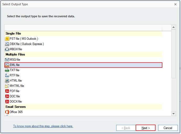 Select the EML file format as a saving option