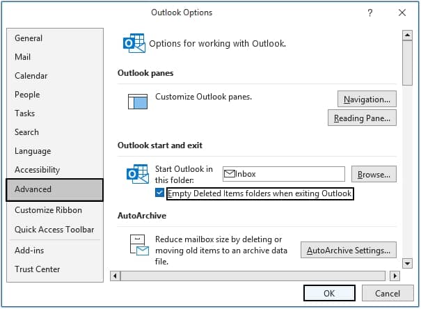 Click on Advanced then under Outlook start