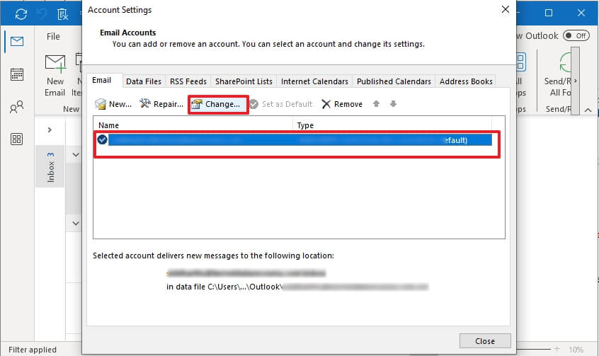 Select Exchange or Microsoft 365 account, and then click on Change