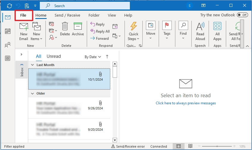 Open the Outlook application and click on File.